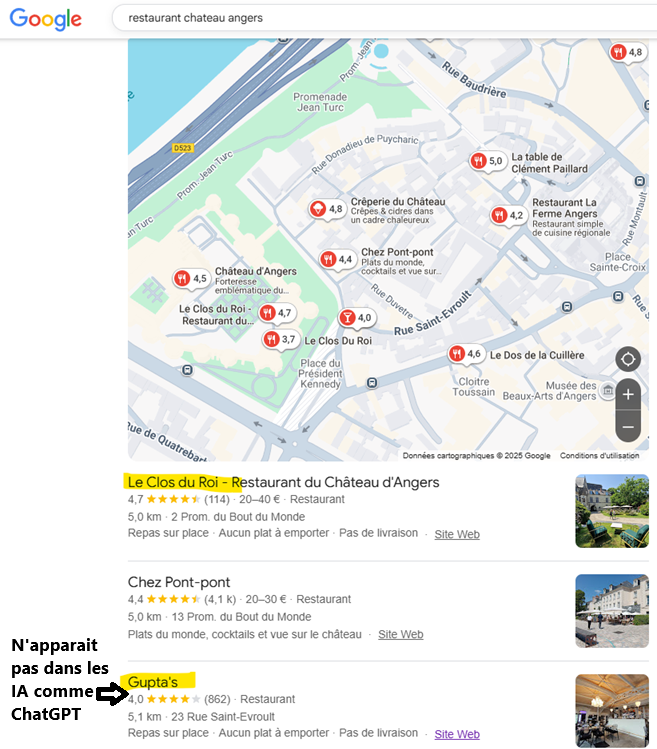 Résultats de google pour les restaurants près du château d'angers