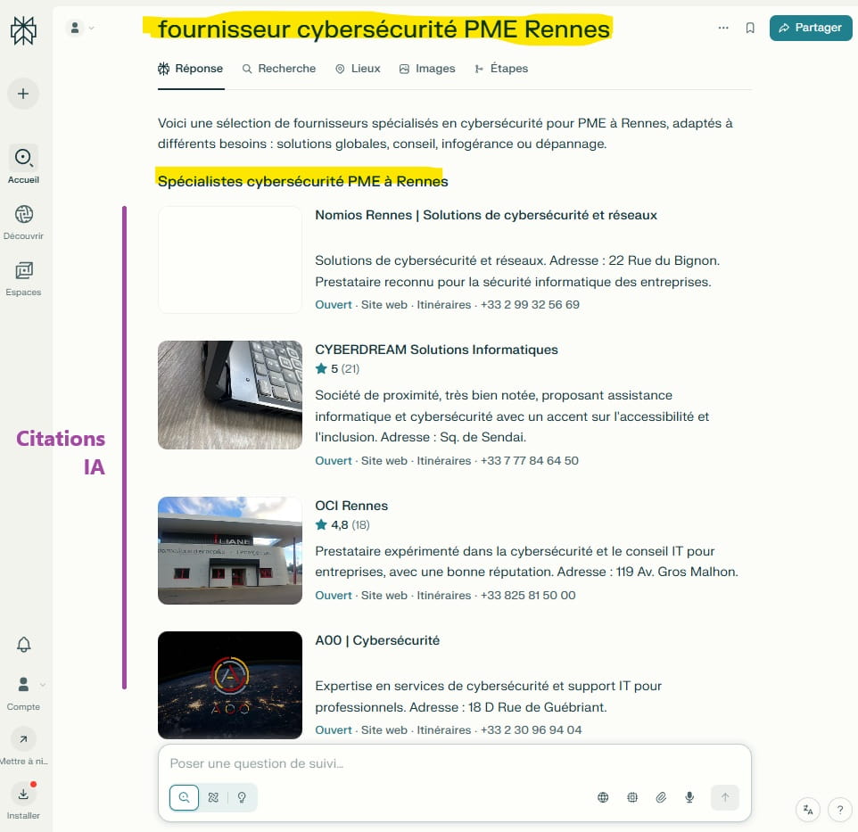 Exemple de citation par Perplexity sur la requête Fournisseur cybersécurité PME à Rennes