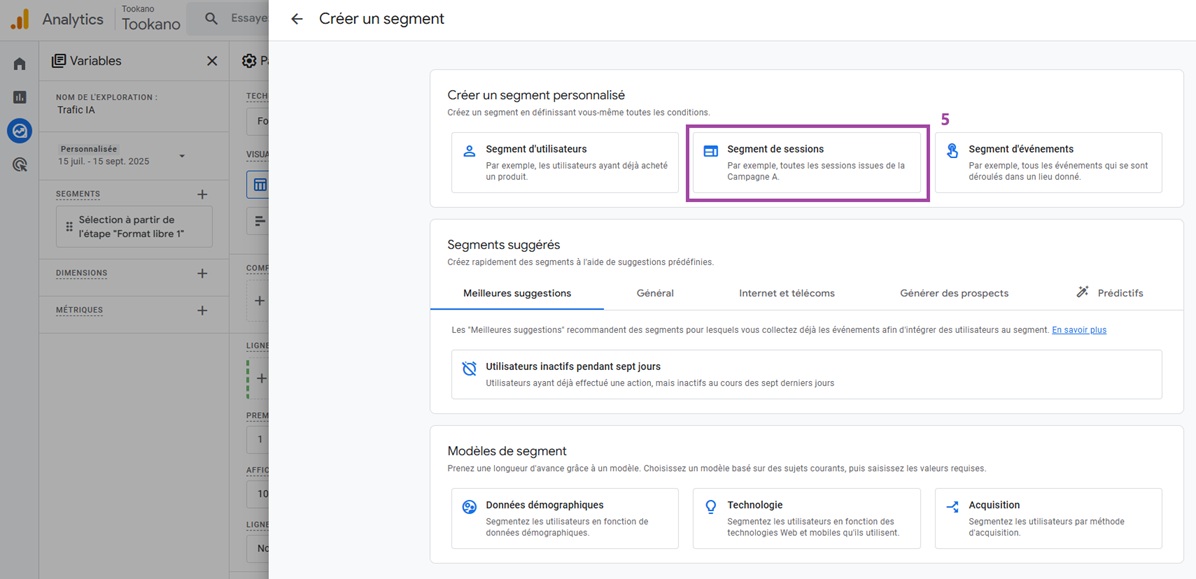 Création d'un segment de sessions GA4