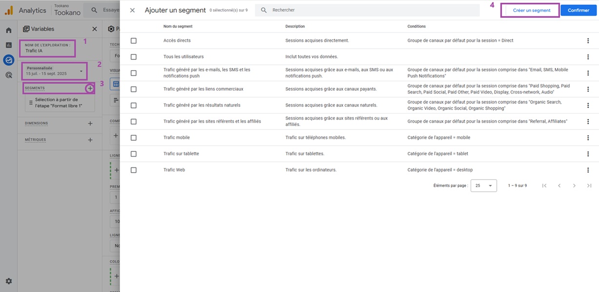Créer un segment GA4 en vue de suivre le trafic IA