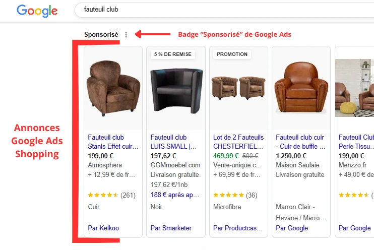 Exemple d'annonces SEA sponsorisées par Google Ads