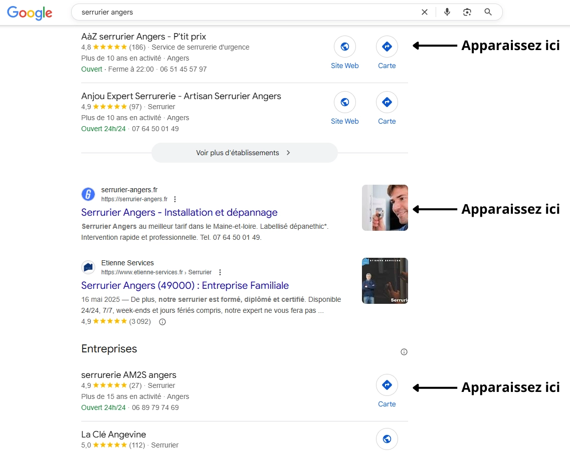 Exemple recherche locale sur le mot-clé "serrurier Angers"