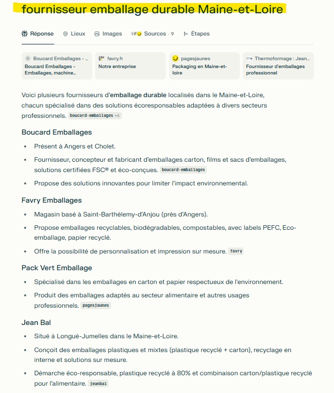 Fournisseur emballage Maine et loire - réponse IA Perplexity