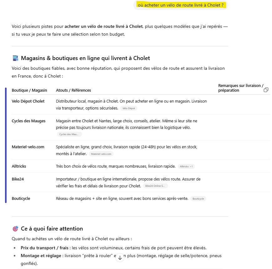 réponse de chat GPT pour la requête "Où acheter un vélo à Cholet ?"