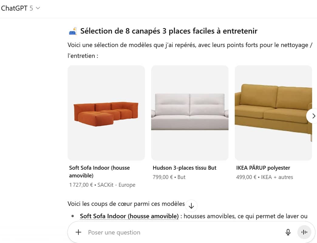 Réponse de chat GPT sur des canapés 3 places