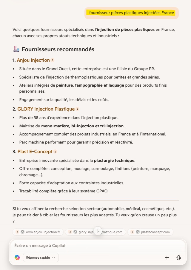 réponse de Perplexity sur une requête industrielle fournisseur pièces plastiques injectées