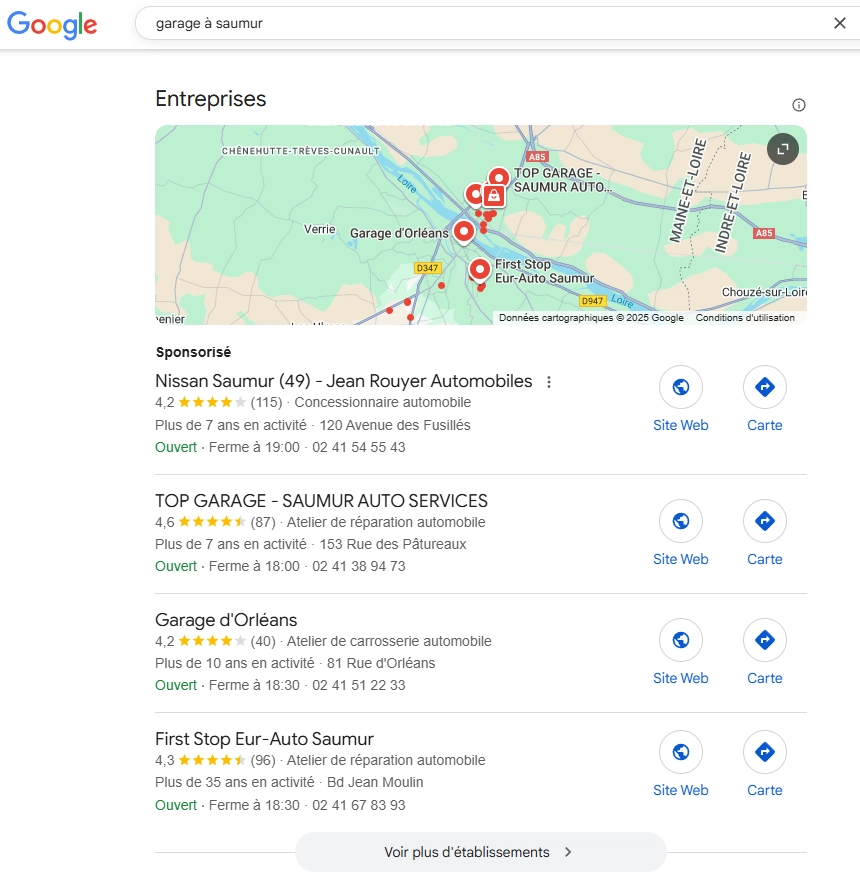 Résultat de la SERP garage à Saumur pour le SEO