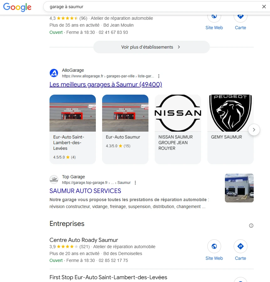 Résultats organiques de la SERP garage à Saumur