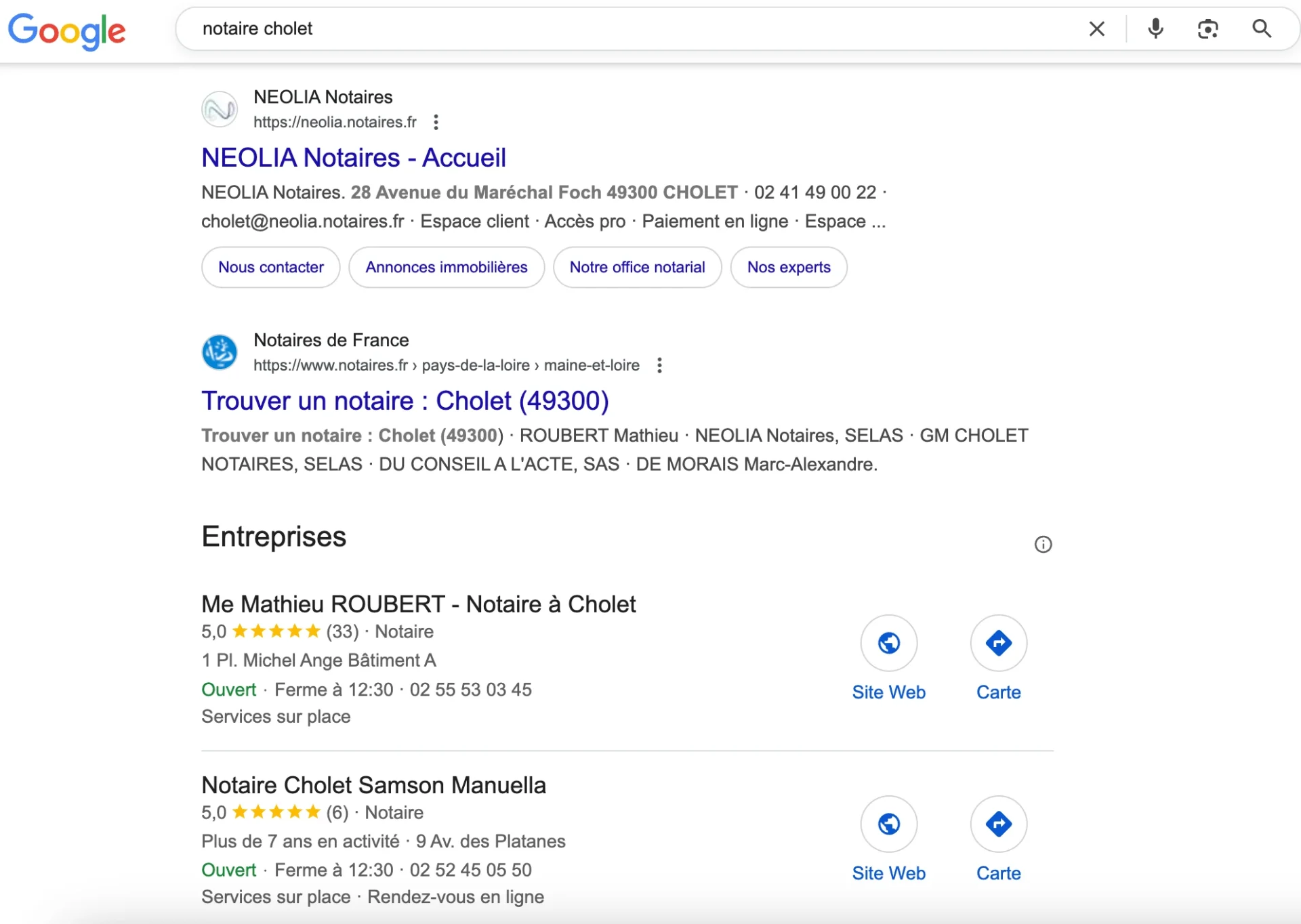 SERP avec première positions sur mot-clé notaire Cholet