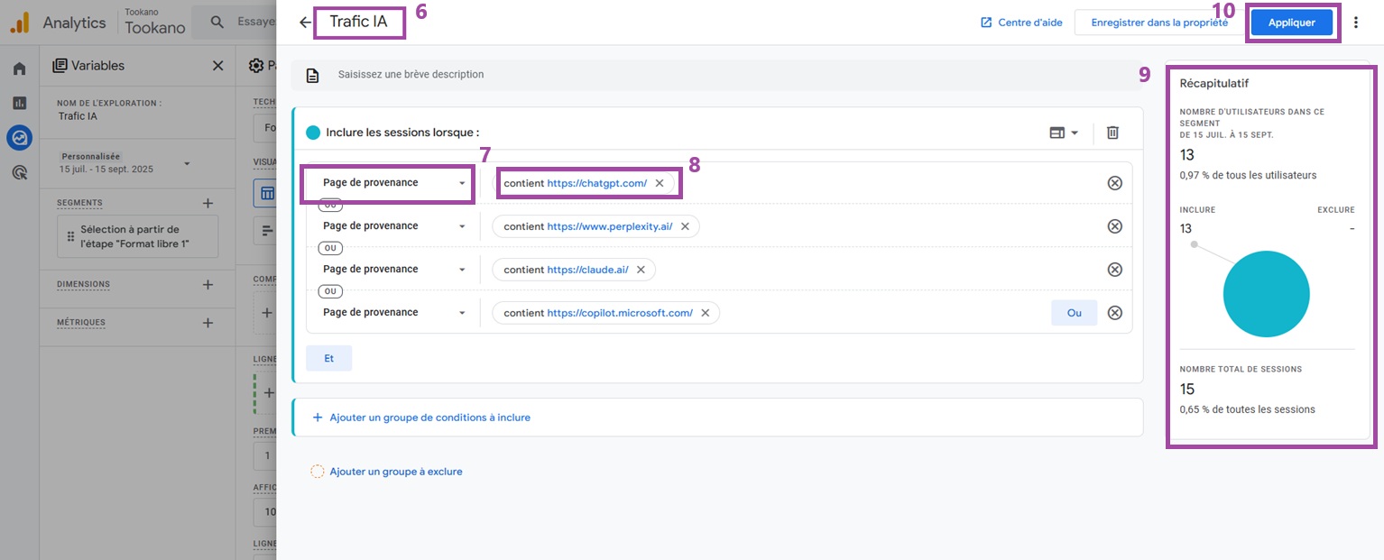Comment créer un segment pour suivre les IA Chatgpt, perplexity, claude, copilot, gemini