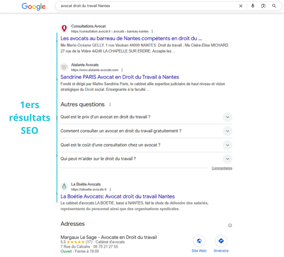 1ers résultats SEO sur la requête avocat droit du travail Nantes