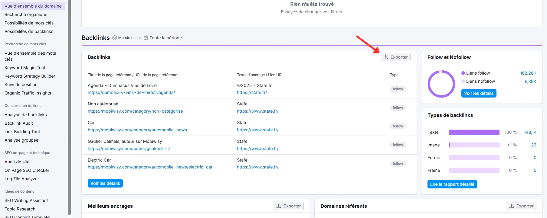 Exporter backlinks d'un site