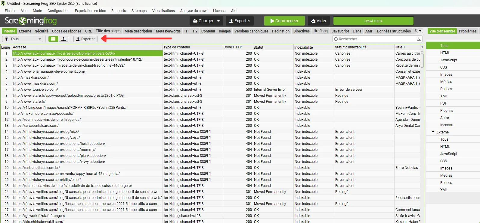 Exporter liste de liens depuis Screaming Frog pour trouver des backlinks toxiques