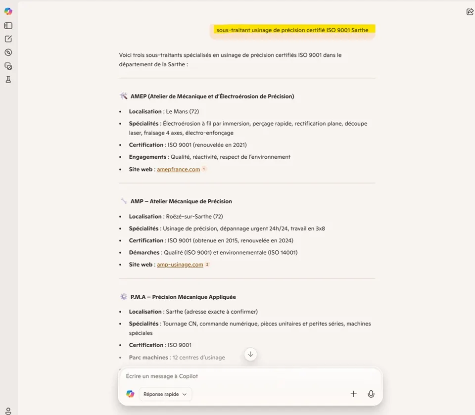 réponse de Copilot pour faire apparaitre une entreprise d'usinage en Sarthe