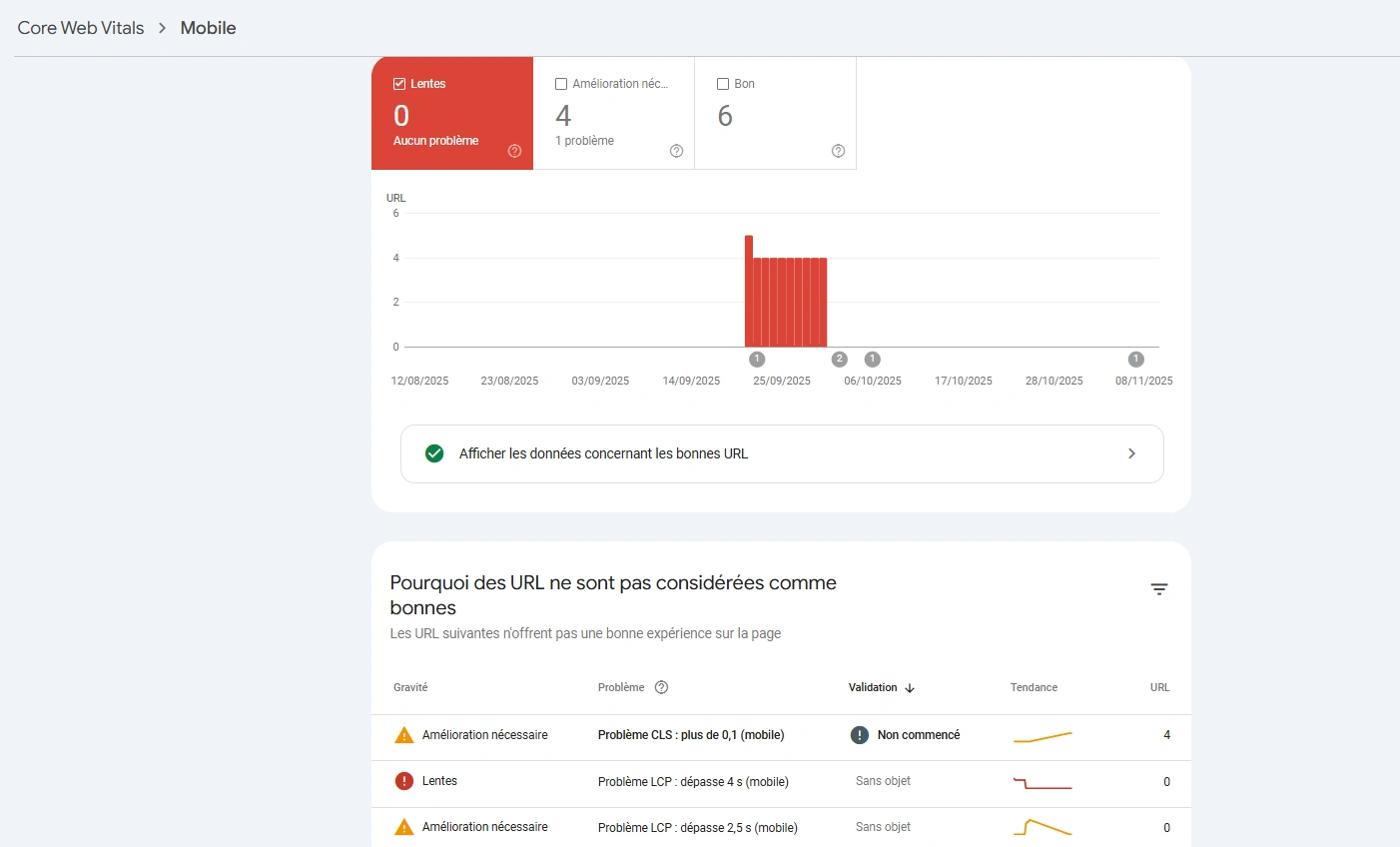 évaluation Core Web Vitals sur depuis la Google Search Console