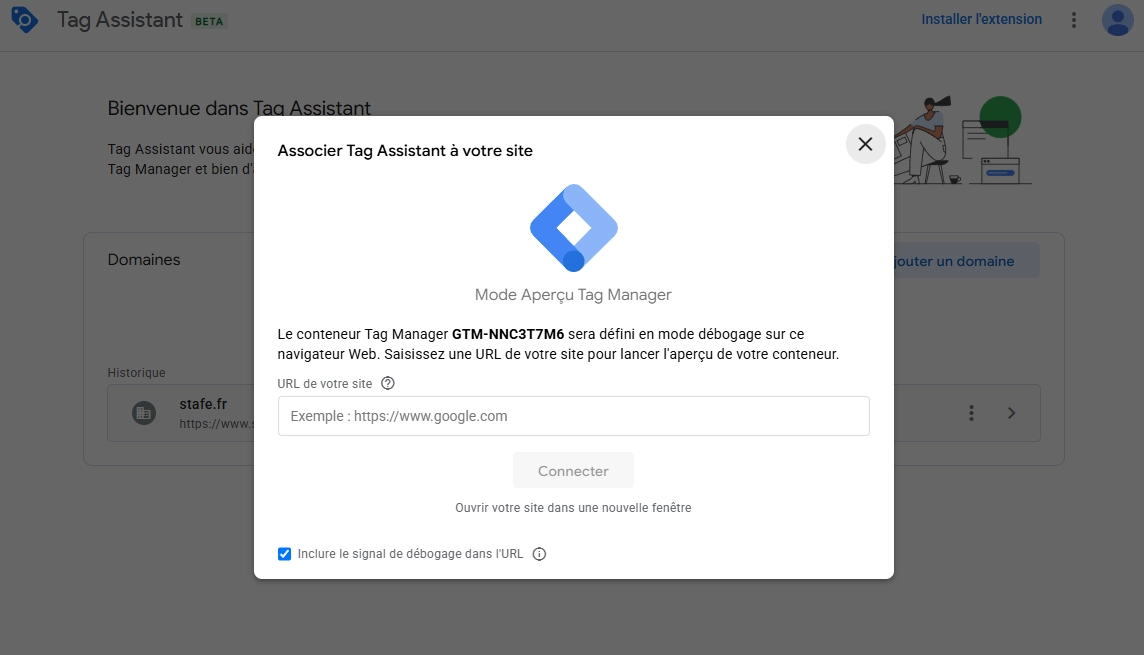 Fenêtre pour saisir URL de son site
