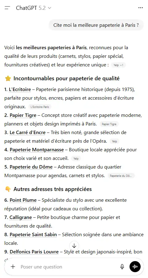 Résultat de mention obtenu par un client Stafe dans ChatGPT