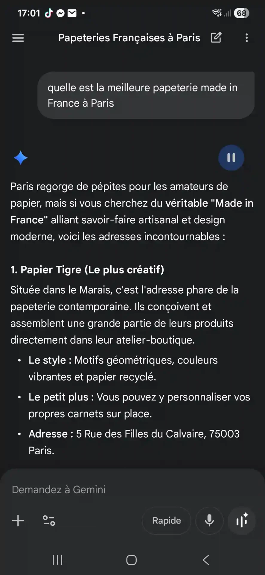 Résultat de mention de notre client Papier Tigre dans Gemini