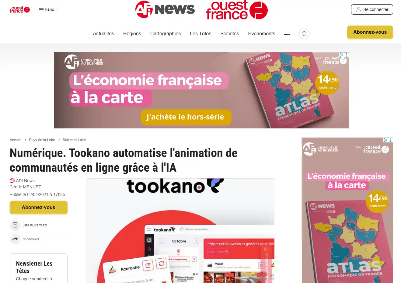 Parution dans Ouest France d'un article sur Tookano