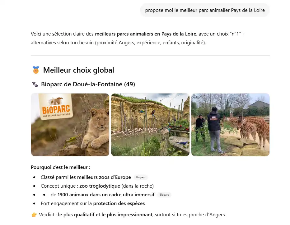 Résultat obtenus sur ChatGPT - Meilleur parc animalier des pays de la loire