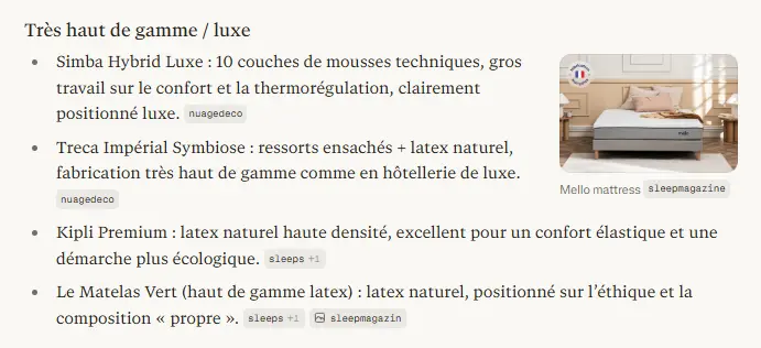 apparition de la marque Treca sur la requête Meilleur matelas haut de gamme 2026 dans Perplexity