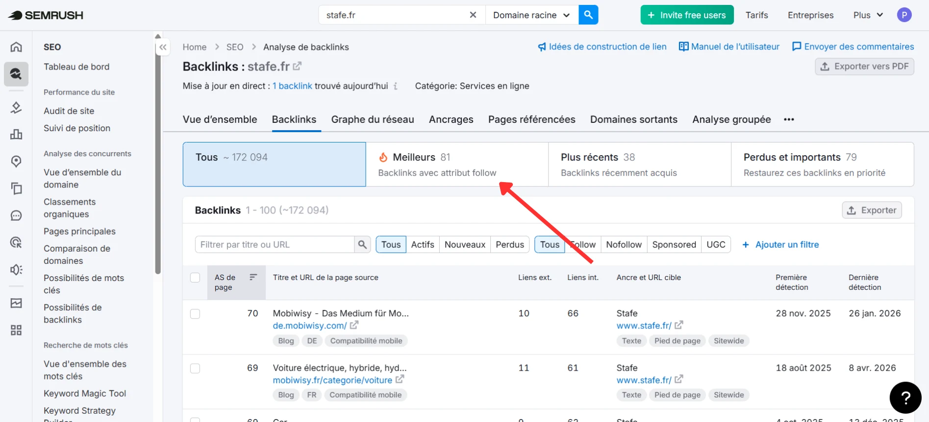 Filtre pour afficher uniquement les meilleurs backlinks d'un site grâce à Semrush