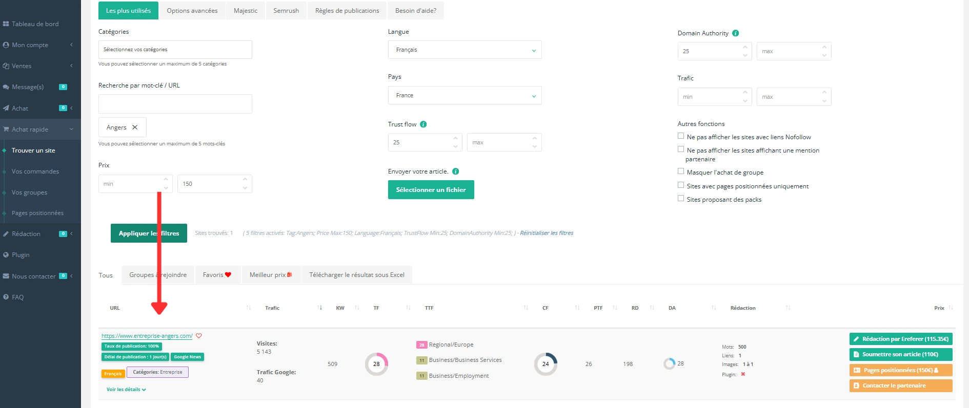 Tri ayant permis de trouver un site angevin pouvant faire un backlink