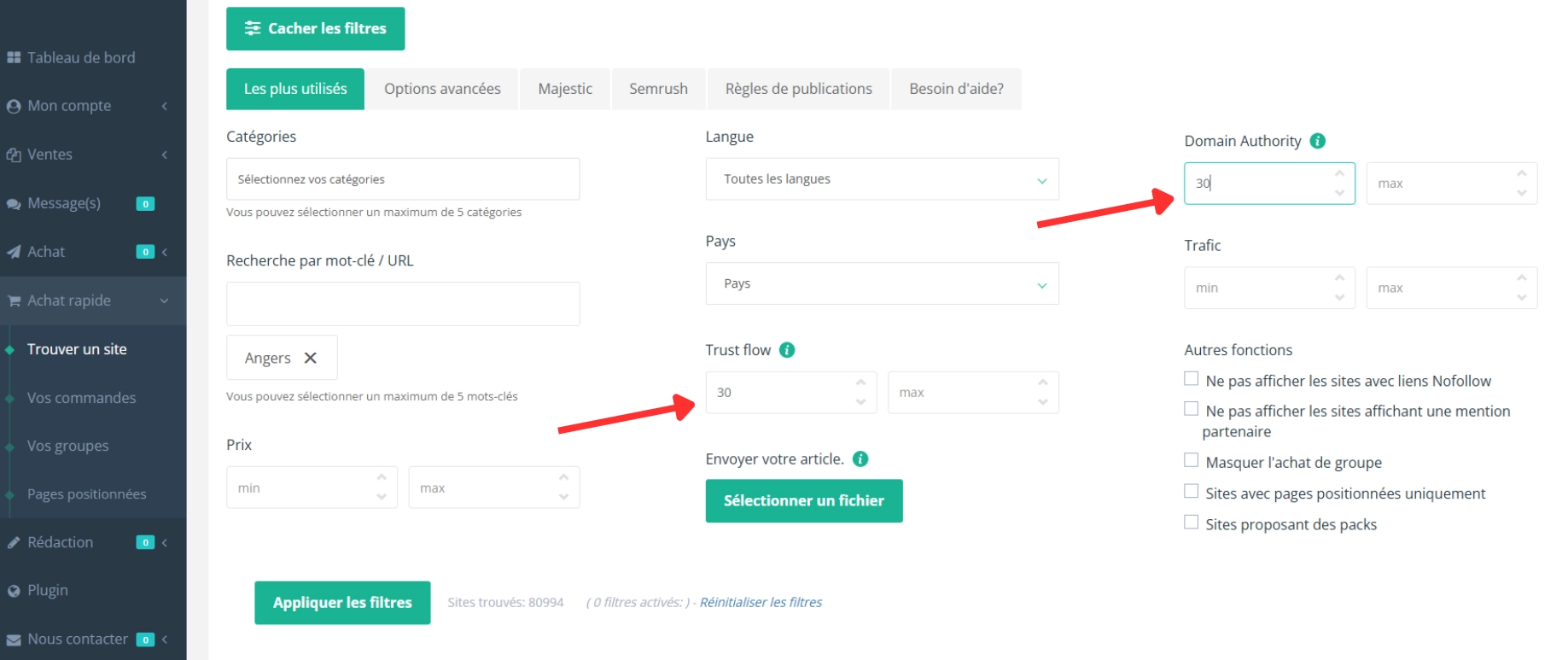 Tri par Trust Flow et Domain Authority pour trouver des backlinks à Angers