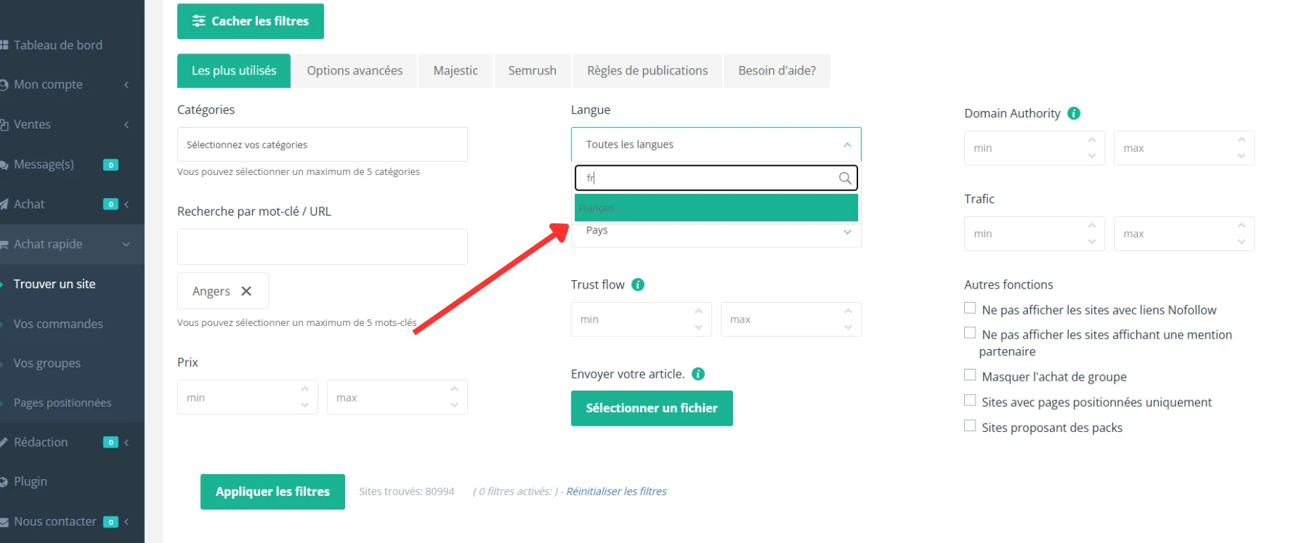 Tri par langue et pays pour trouver des backlinks à Angers