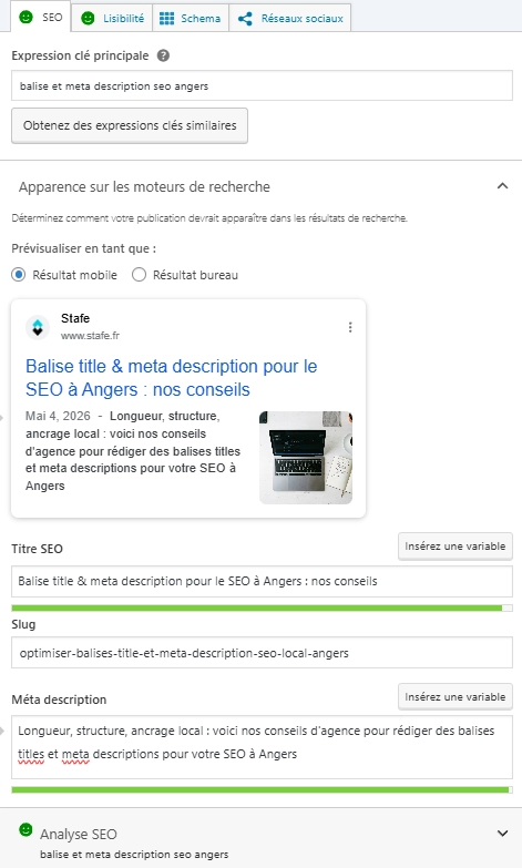 Exemple de balise title et de meta description optimisée pour le SEO à Angers