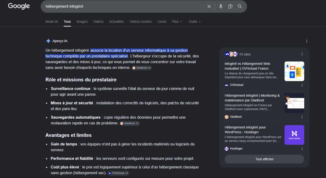 Exemple d'affichage d'Ai Overview chez un client GEO Stafe