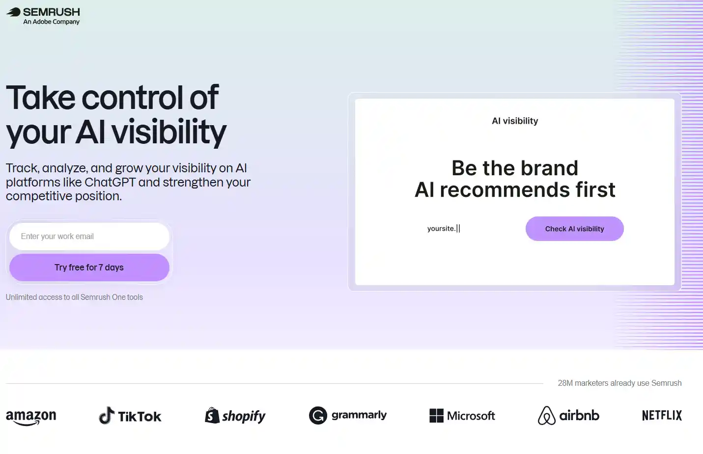 Page d’accueil de l’outil GEO Semrush AI Toolkit