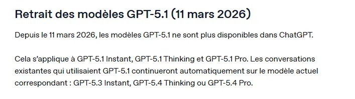 arrêt du modèle 5.1 de ChatGPT en mars 2026